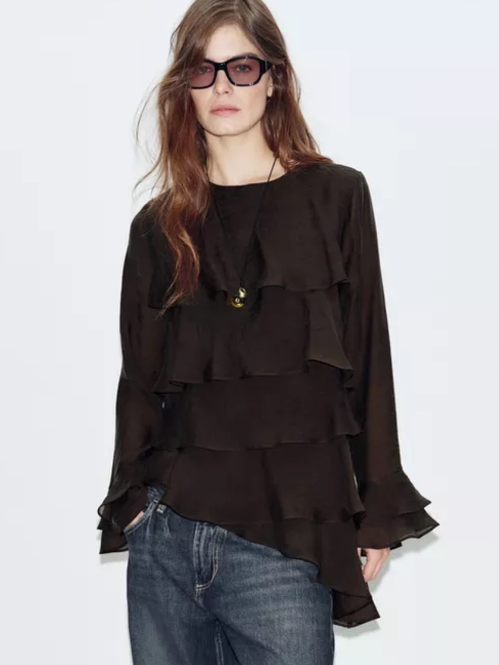 NWT Zara Woman ASYMMETRIC RUFFLED TOP Brown Size L Large